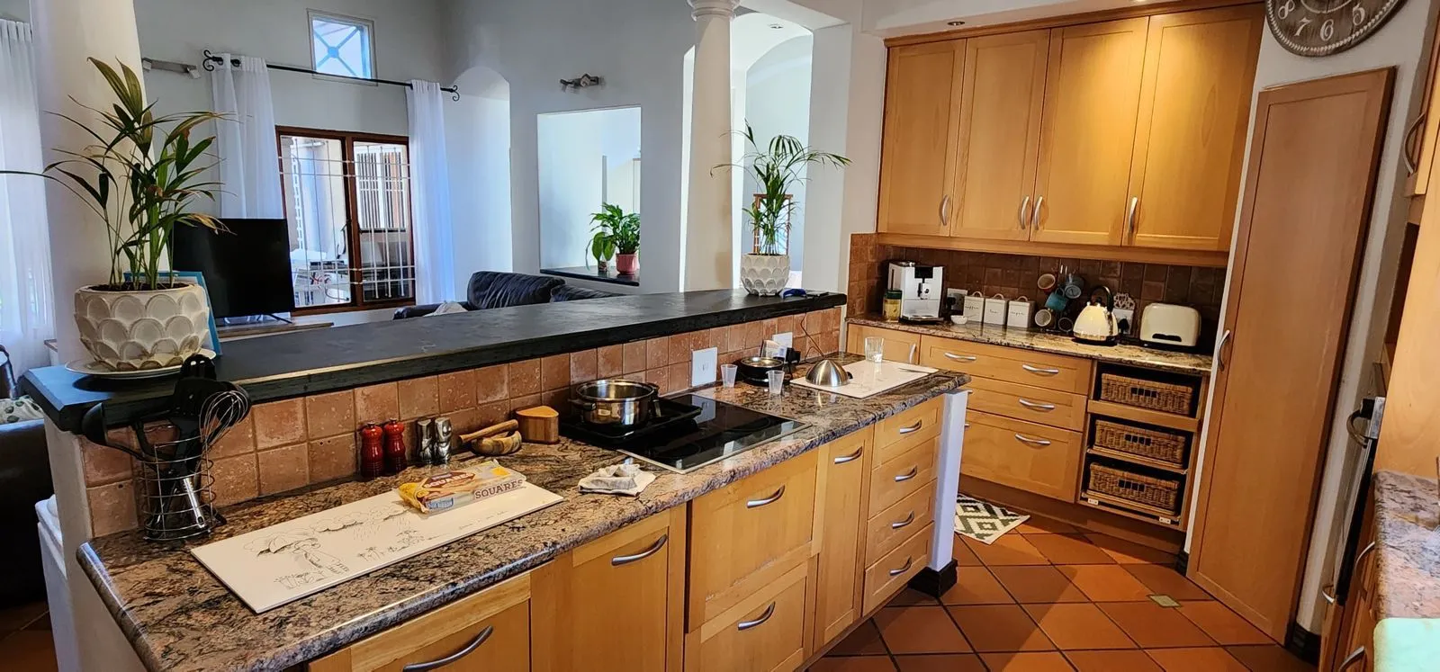 Before: honey-toned timber cabinets around a granite-topped island, with a potted palm on the counter.